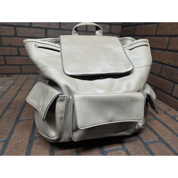 Just Fab Beige Faux Leather Pebbled Backpack Adjustable Straps Fold Over Flap - Picture 1 of 8